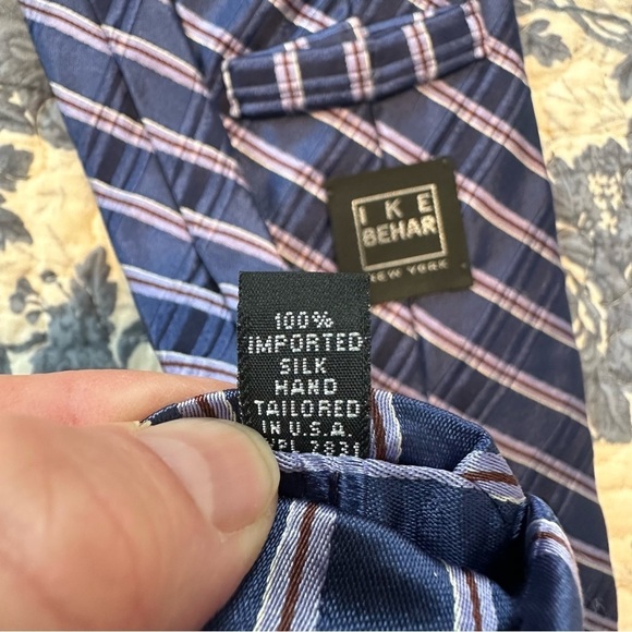 IKE Behar Repp Tie Blue & Lavender Stripes Imported Silk Hand Tailored 58”x3.5” - Picture 8 of 10